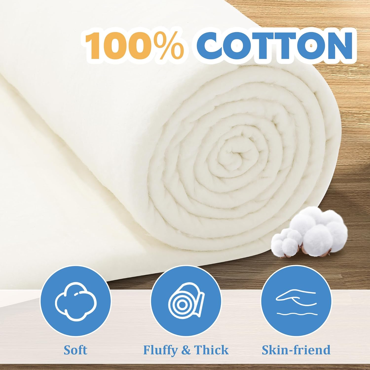 HOMBYS Extra Large and Warm Natural Fabric Roll for Sewing, 120x120 inch Cotton Batting for Quilt, Fluffy and Thick Stuffing for Arts and Crafts, Lightweight for All Seasons