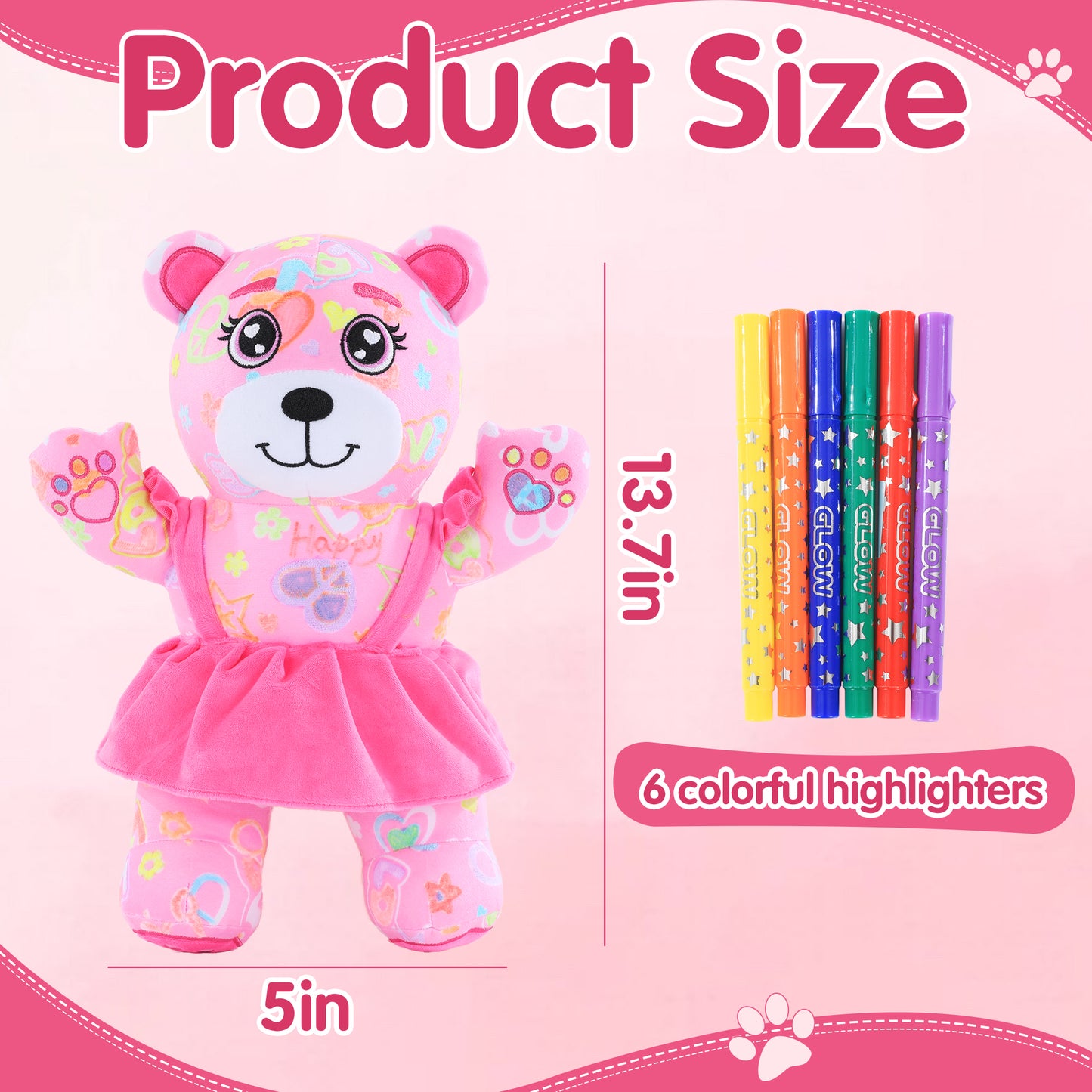 HOMBYS Glow in The Dark Coloring Plush Toy with 6 Glow Markers for Girls, Arts and Crafts Doodle Dolls, DIY Soft Stuffed Pink Bear for Kids