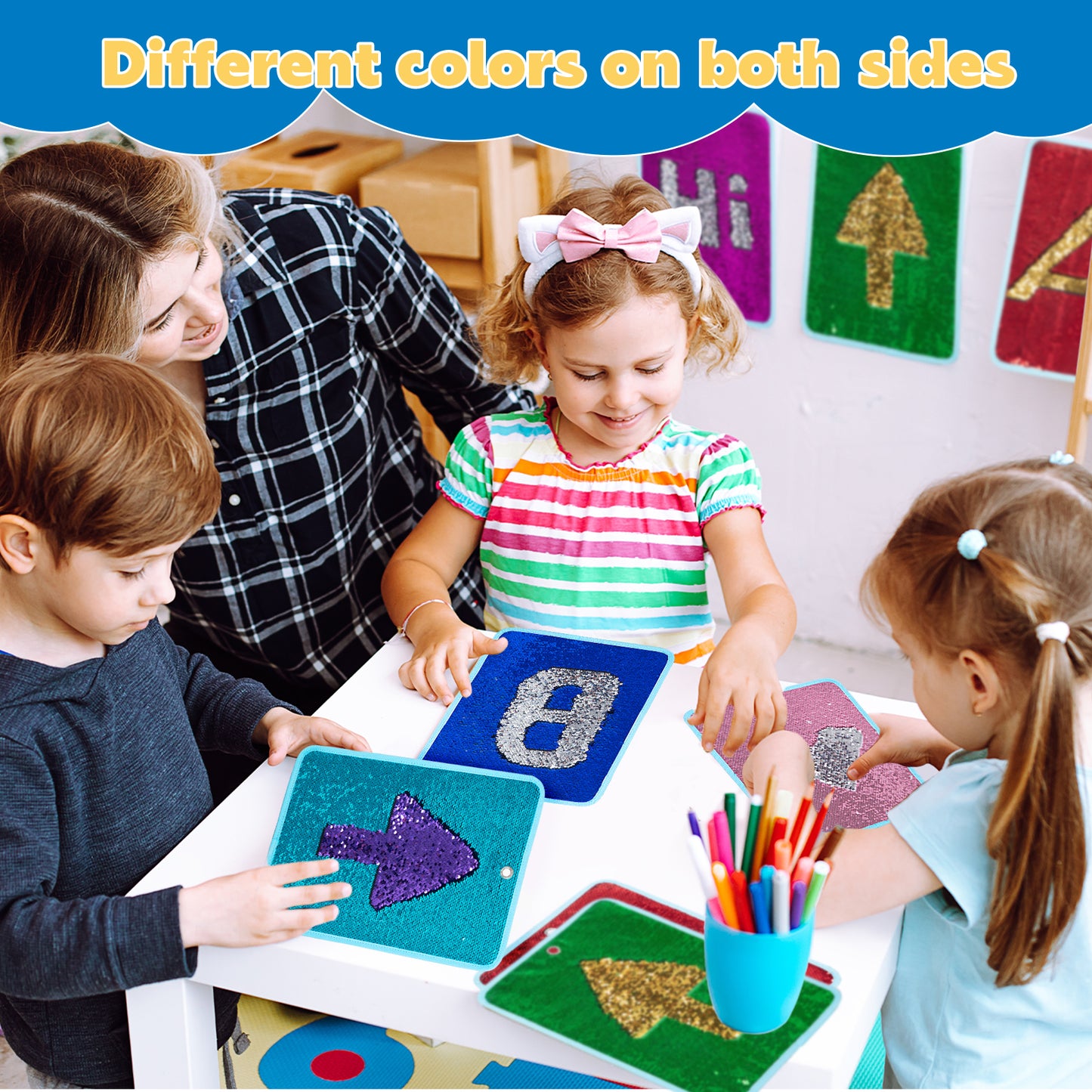 HOMBYS 12 Packs Sequin Fabric Wall Panel for Kids, Reversible Sensory Wall Sequin Flip Fabric Mat Wall Hangings Decoration, Fun Toys for Early Learning and Play, 15.7” x 11.8”