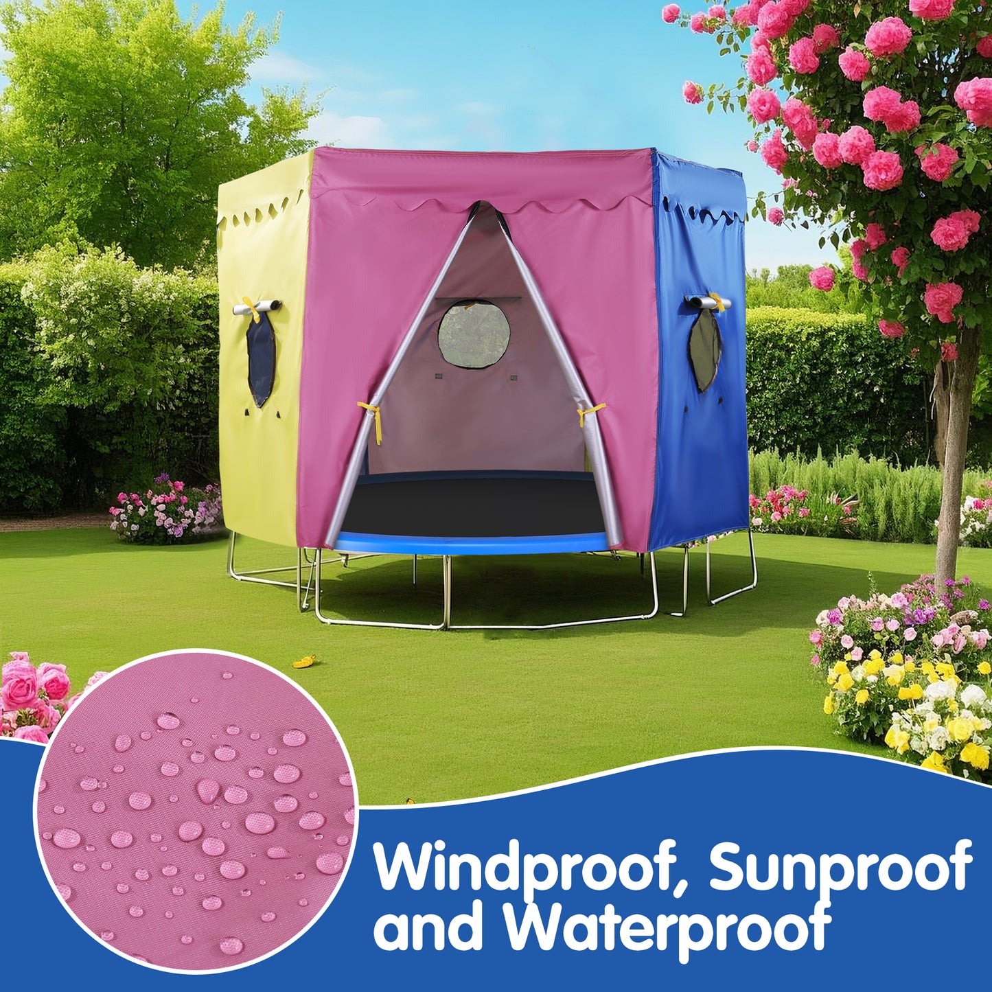 HOMBYS Cute Trampoline Tent Cover, 12ft/14ft Premium Waterproof Oxford with Sunscreen Coating, Fits 6 Straight Round Trampoline, Tent Only