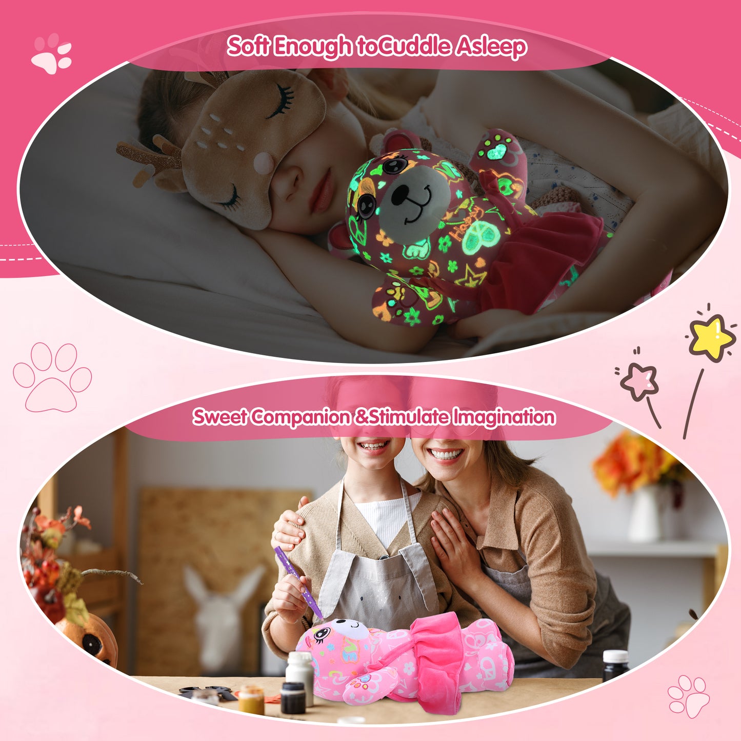 HOMBYS Glow in The Dark Coloring Plush Toy with 6 Glow Markers for Girls, Arts and Crafts Doodle Dolls, DIY Soft Stuffed Pink Bear for Kids