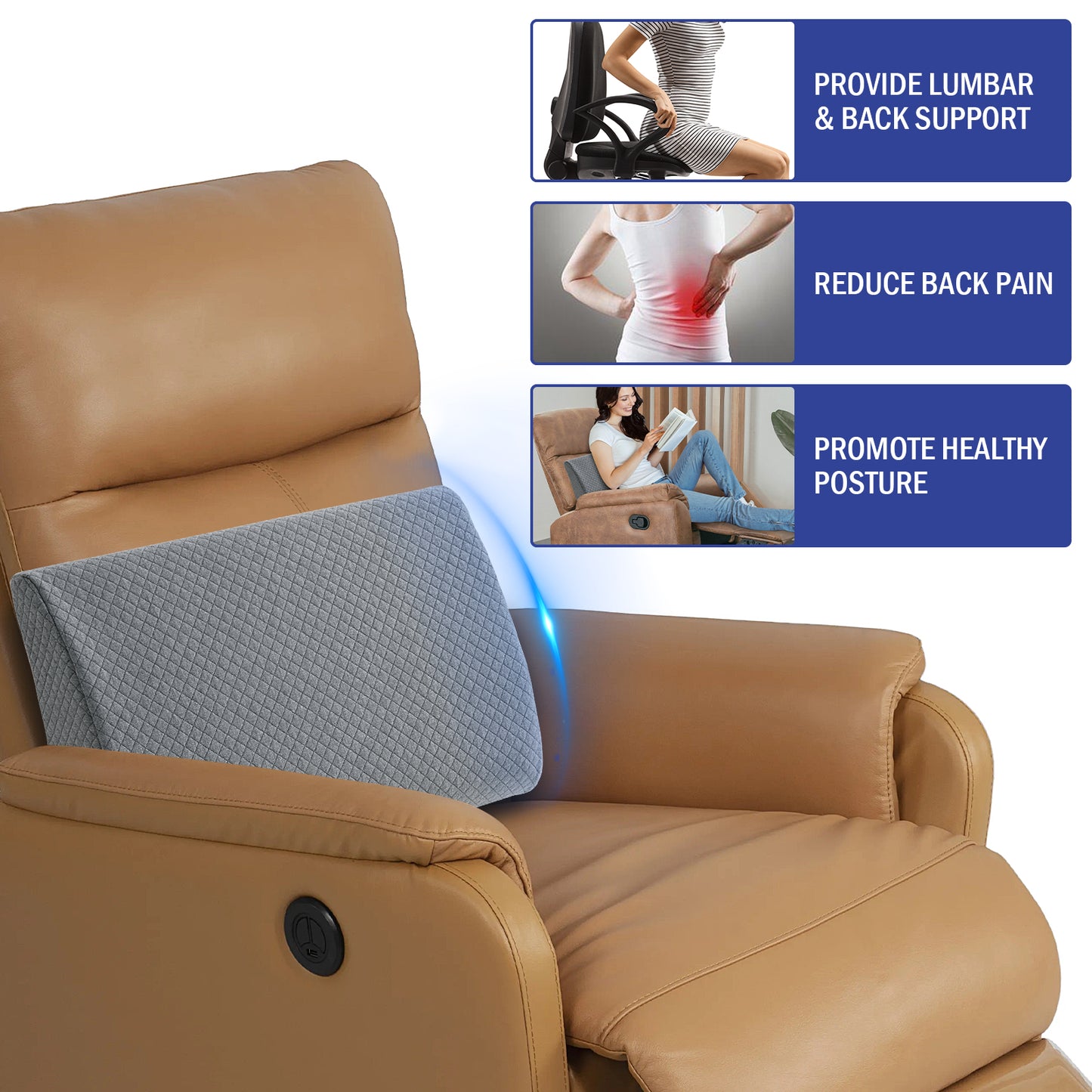 HOMBYS Lumbar Support Pillow for Recliner Chair, Memory Foam Back Support Cushion for Elderly,Extra Large Lumbar Support Pillow,Thick Backrest for Home Reading (Grey, 20“x13.5"x5")