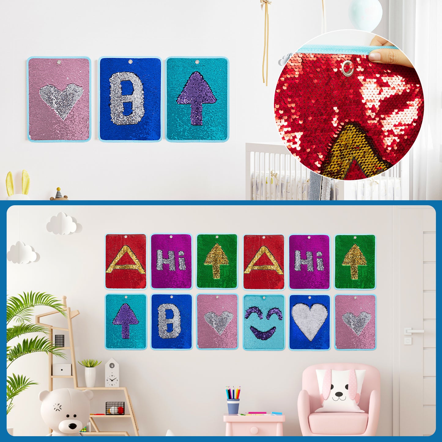 HOMBYS 12 Packs Sequin Fabric Wall Panel for Kids, Reversible Sensory Wall Sequin Flip Fabric Mat Wall Hangings Decoration, Fun Toys for Early Learning and Play, 15.7” x 11.8”