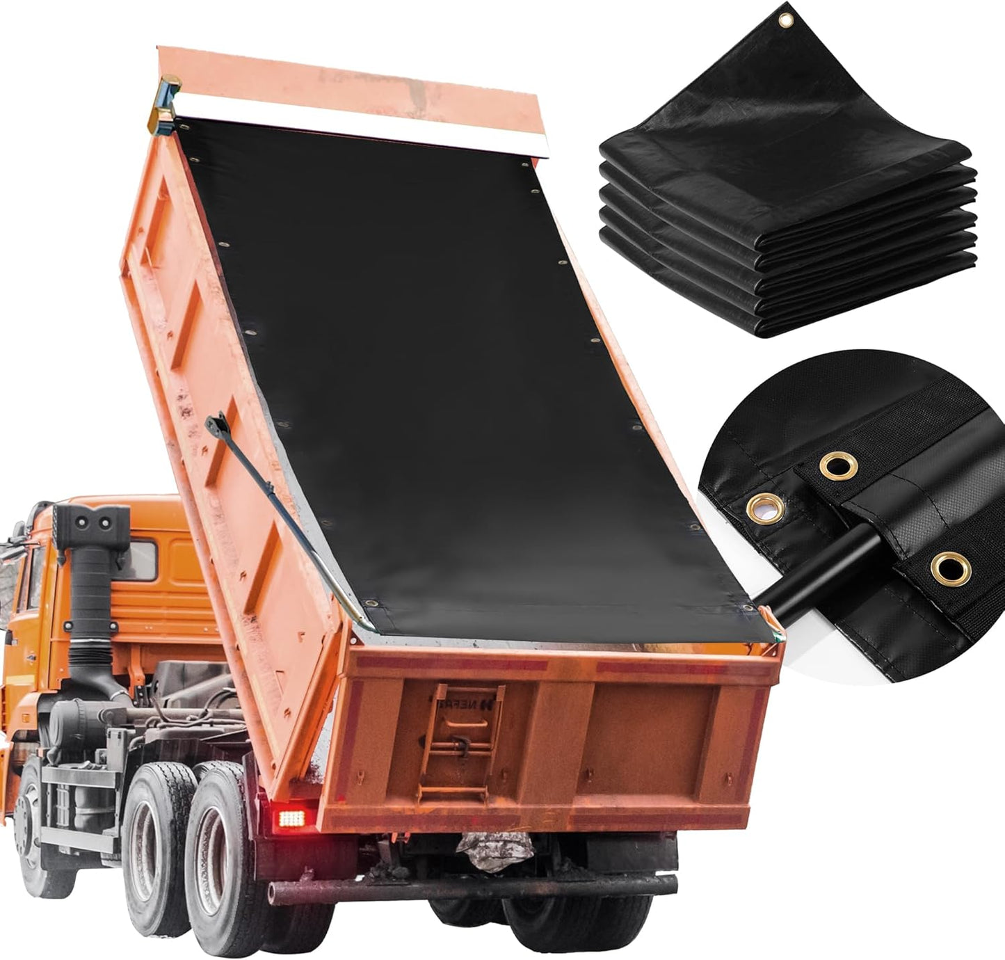 HOMBYS Black Dump Trailer GV7 Reversible Tarps with 2 Pockets,Heavy Duty Waterproof Reinforced Edge UV Resistant Truck Bed Tarps