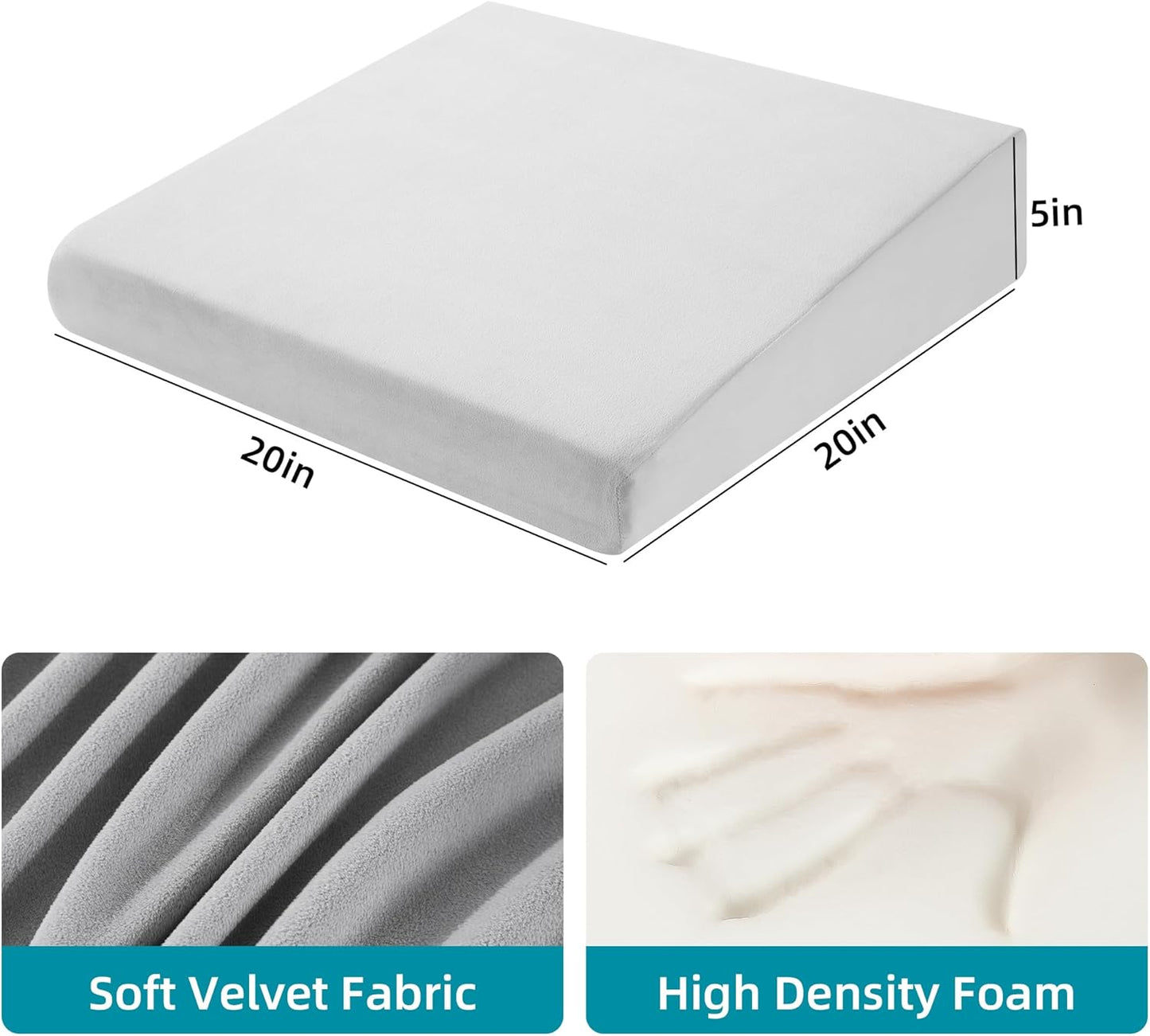 HOMBYS Wedge Recliner Seat Cushion for Long Sitting Chair, Cushion for Elderly Esay to Get Up,5" Thick 20"x20" Large Pressure Relief Seat Cushion for Recliner, Office, Car, Velvet & Foam,Light Grey