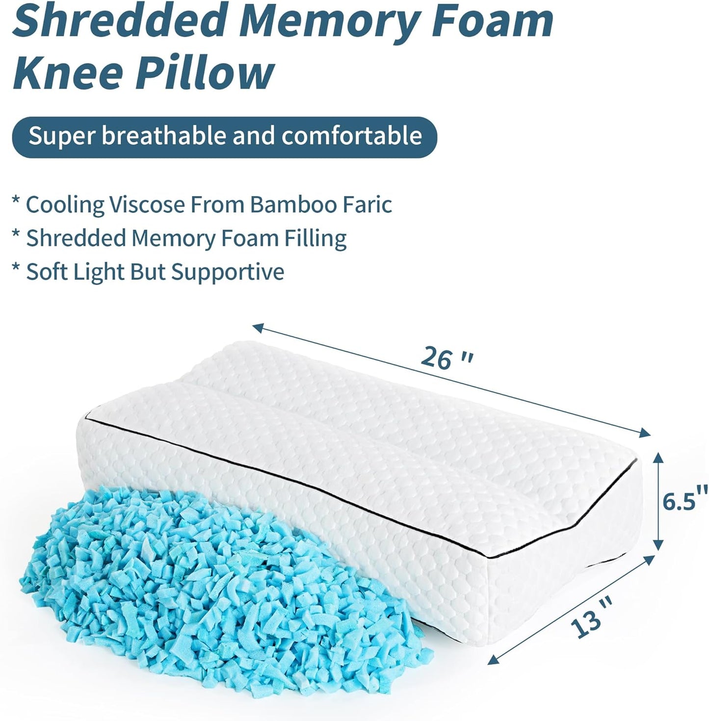 HOMBYS Shredded Memory Foam Knee Pillow for Side Sleepers, 6.5" Height Pillow Between Legs for Aligns Spine & Relieves Pressure Hip & Leg Elevation, Supportive Pillow for Pregnancy, Sciatica, White