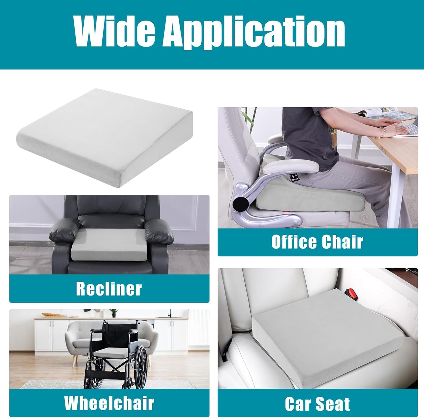 HOMBYS Wedge Recliner Seat Cushion for Long Sitting Chair, Cushion for Elderly Esay to Get Up,5" Thick 20"x20" Large Pressure Relief Seat Cushion for Recliner, Office, Car, Velvet & Foam,Light Grey
