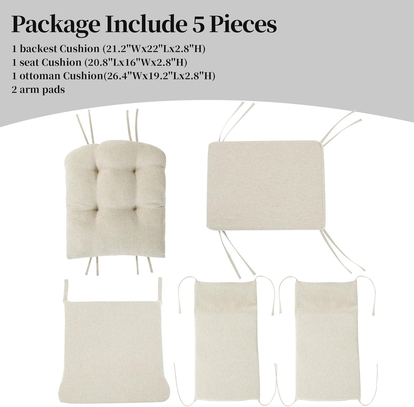 HOMBYS 5 PCS Glider Rocker Replacement Cushions with Storage Side Pocket,Linen-Like Fabric, Foam & Microfiber Filling, Non-Slip & Washable,Thickened & Supportive for Glider Rocking Chair