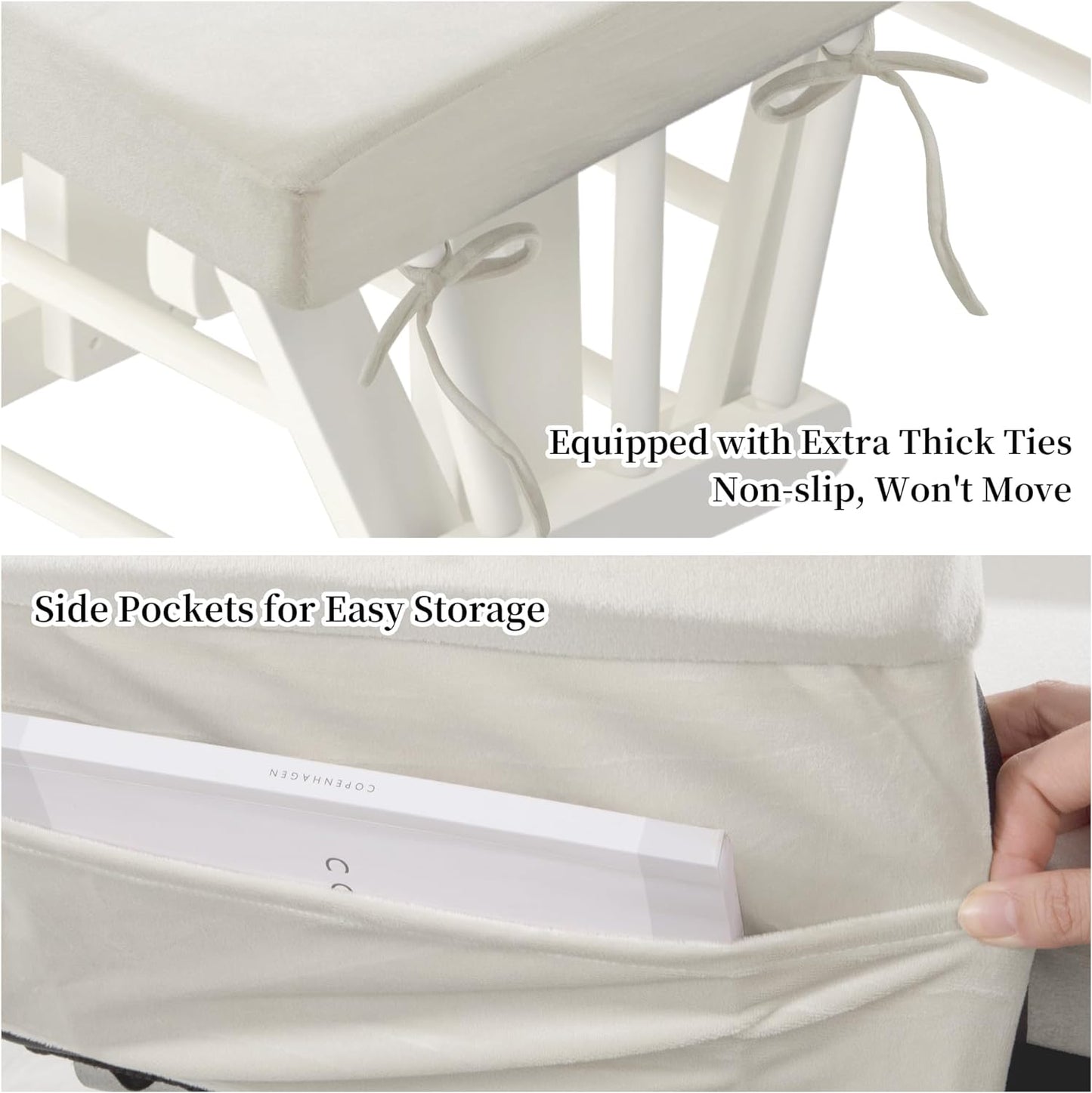 HOMBYS Glider Rocker Replacement Cushions 5 PCS with Storage Side Pocket, Velvet Fabric, Foam & Microfiber Filling, Non-Slip & Washable,Thickened & Supportive for Glider Rocking Chair