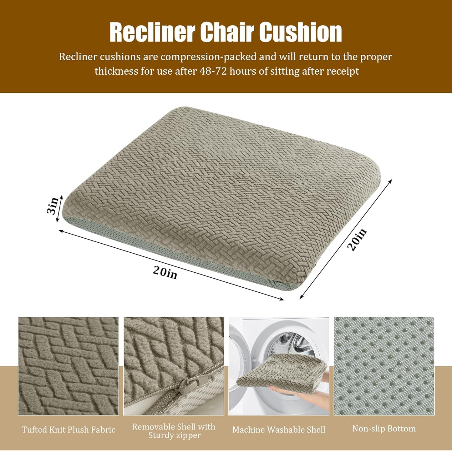 HOMBYS Tufted Furry Recliner Seat Cushion for Elderly Foam Curved Edge Large Square Seat Cushion for Recliner Chair, Floor Pillow, Office Chair, Car, No Pressure on Thighs