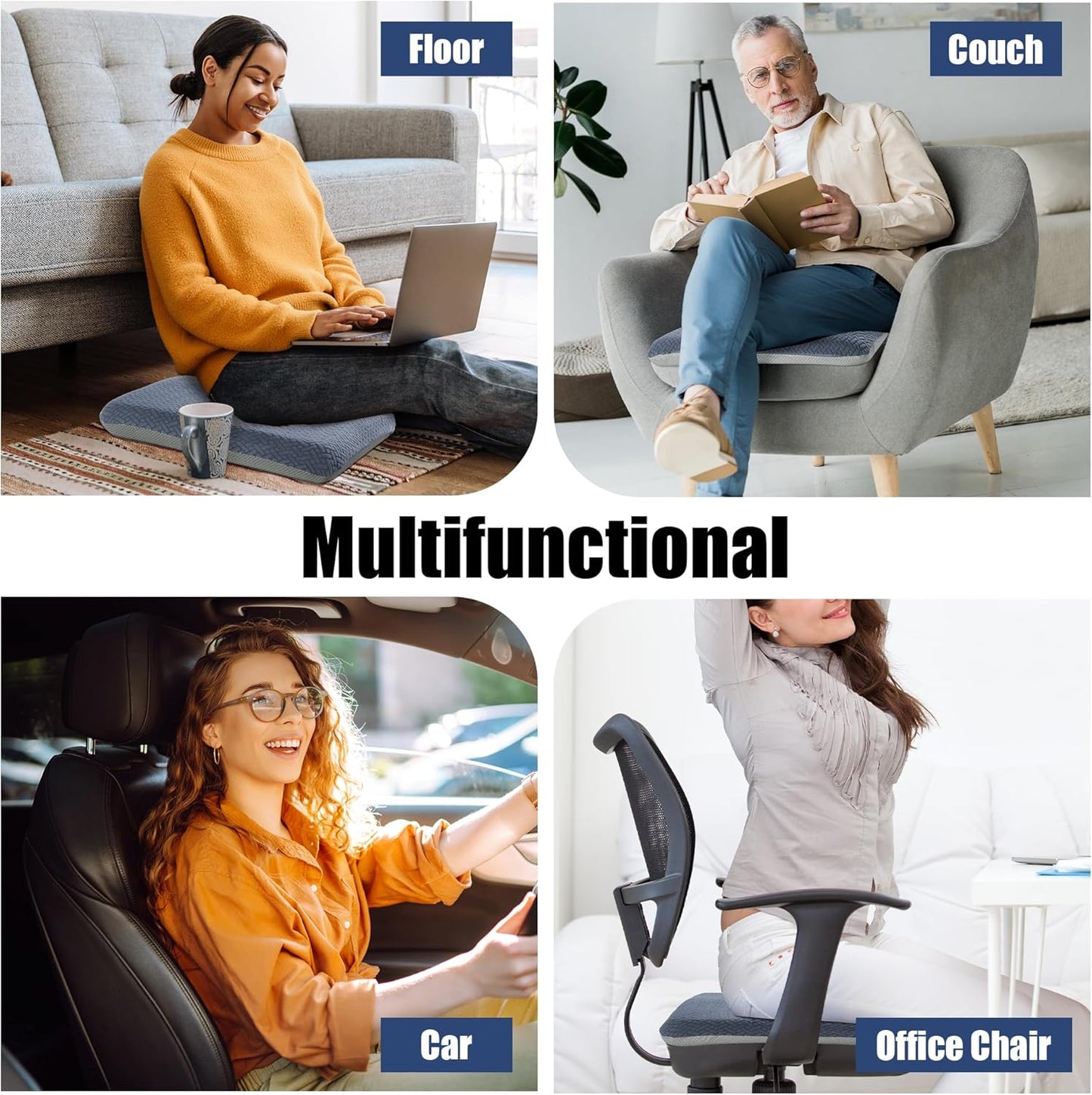 HOMBYS Tufted Furry Recliner Seat Cushion for Elderly Foam Curved Edge Large Square Seat Cushion for Recliner Chair, Floor Pillow, Office Chair, Car, No Pressure on Thighs