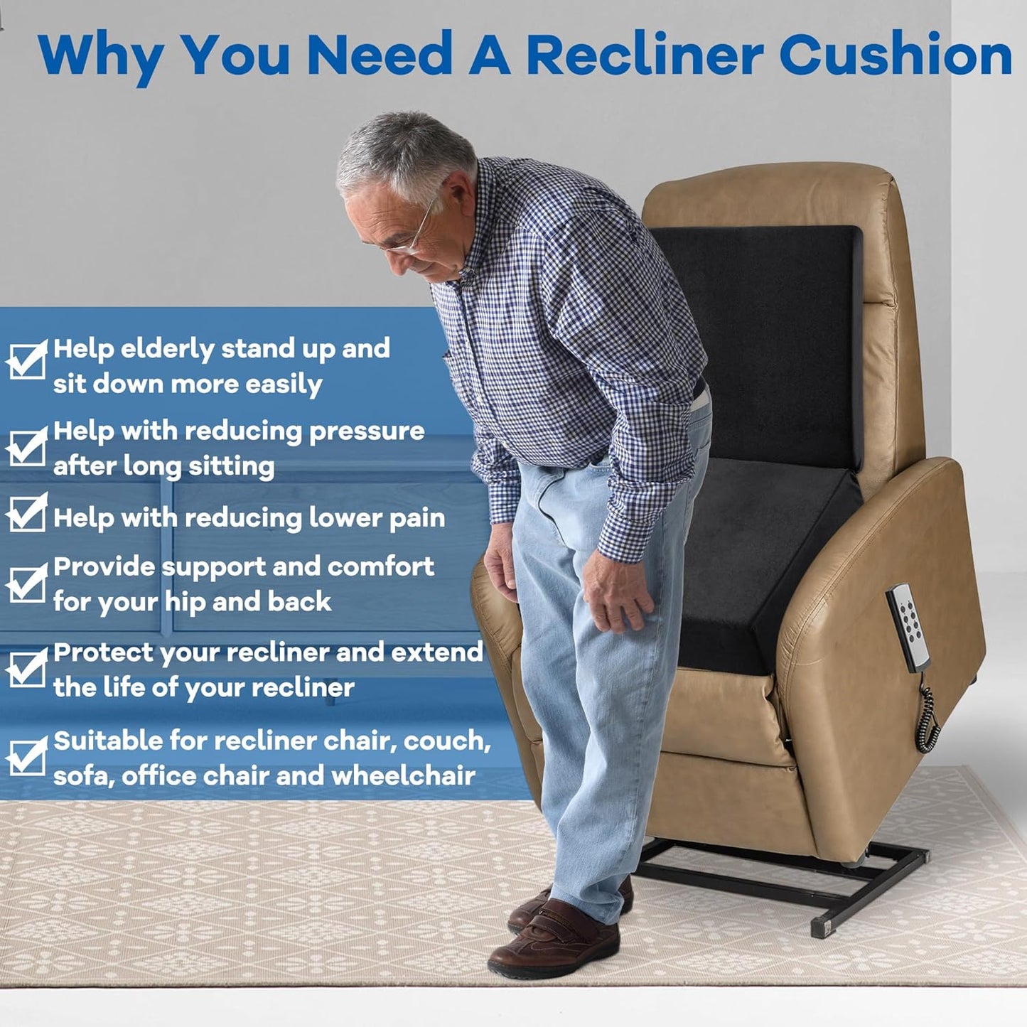 HOMBYS Memory Foam Recliner Seat Cushion for Elderly with Lumbar Support Pillow for Long Sitting, Supportive & Non-Slip Chair Pad with Back Support Cushion for Back & Neck Pain Reduce, Black