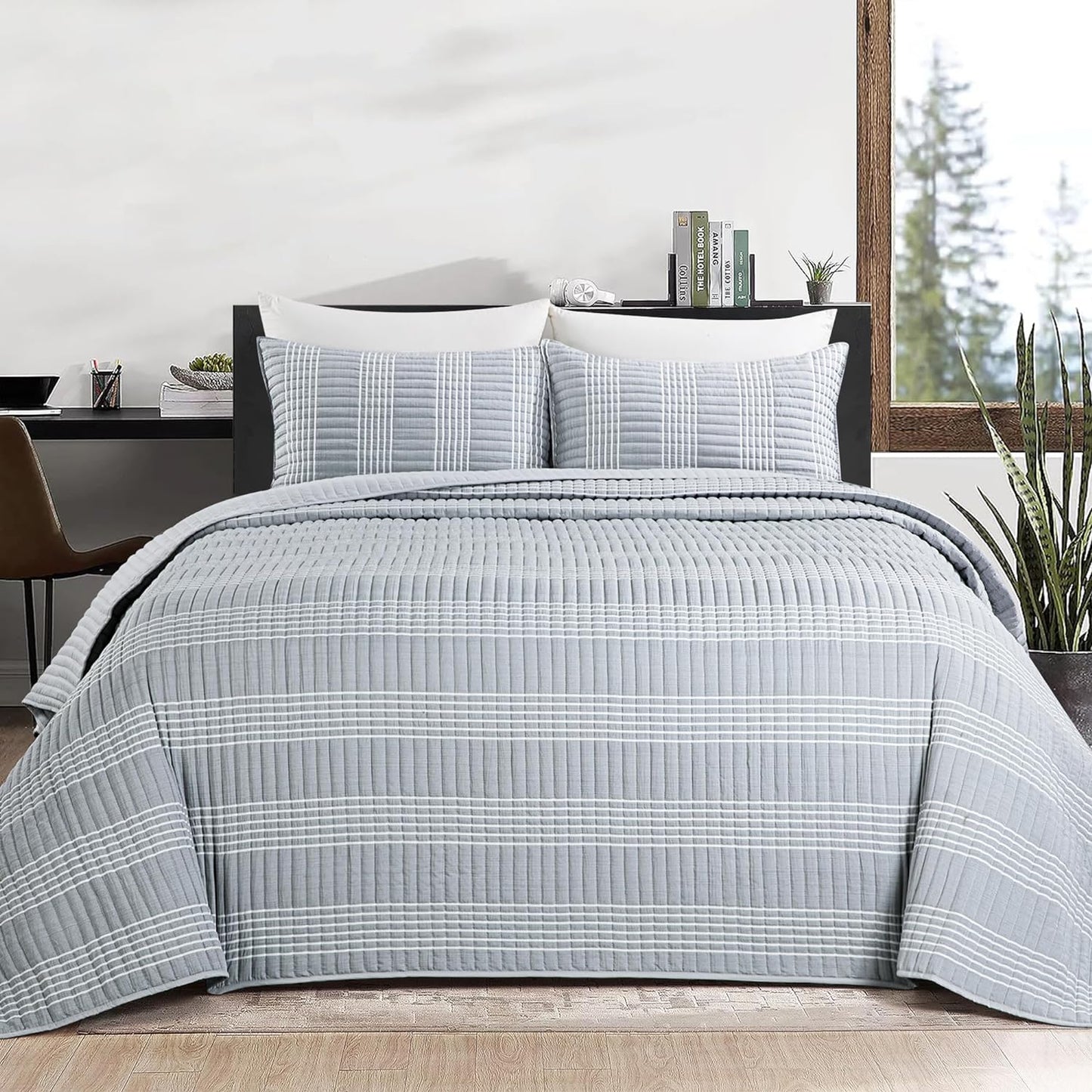 HOMBYS 132x120 Seersucker Patchwork Oversized King Quilt Set, Lightweight Plaid Bedspread Coverlet Set, All Season Bohemian Home Bedding Decor with 2 Pillow Shams