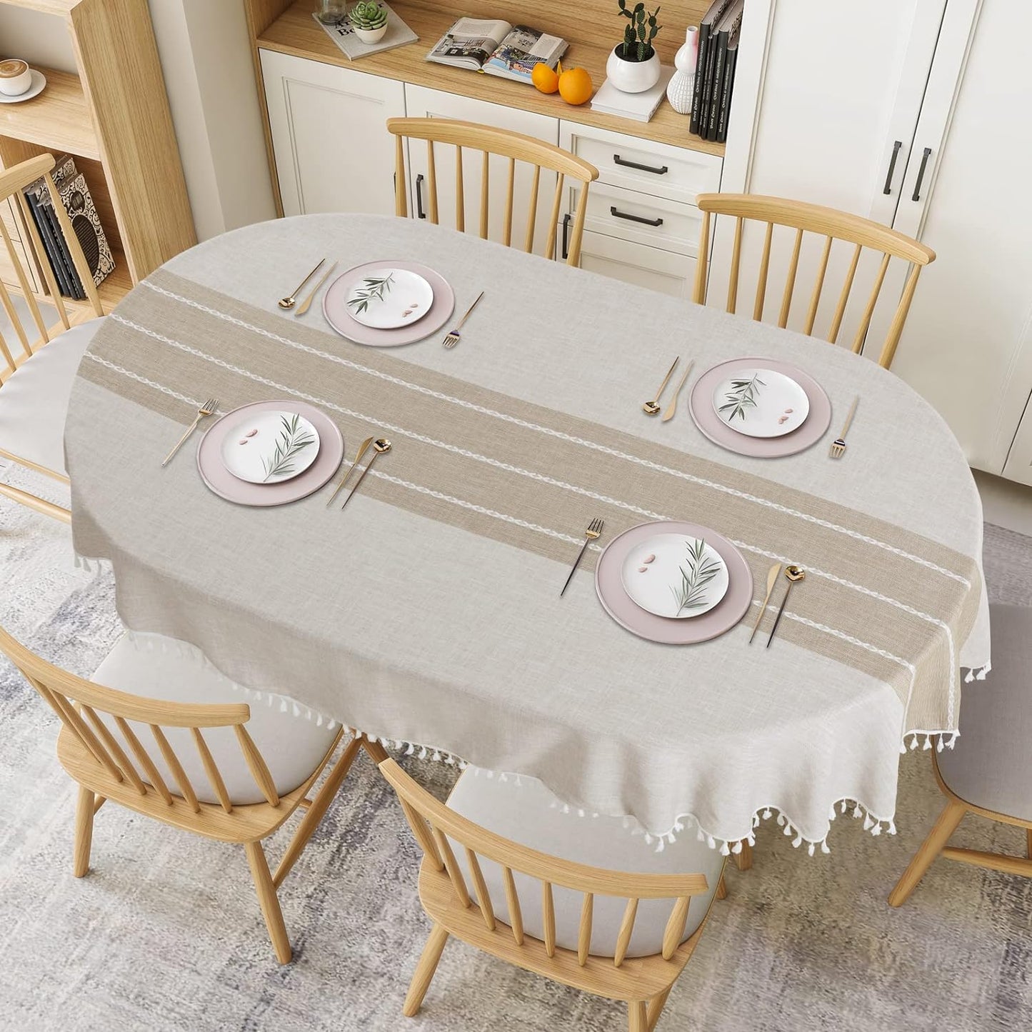 HOMBYS Solid Embroidery Oval Tablecloth with Tassels for Oval Table,  Lace Dust-Proof Table Cover for Kitchen Dinning, Wrinkle Free Anti-Fading Tabletop Decoration
