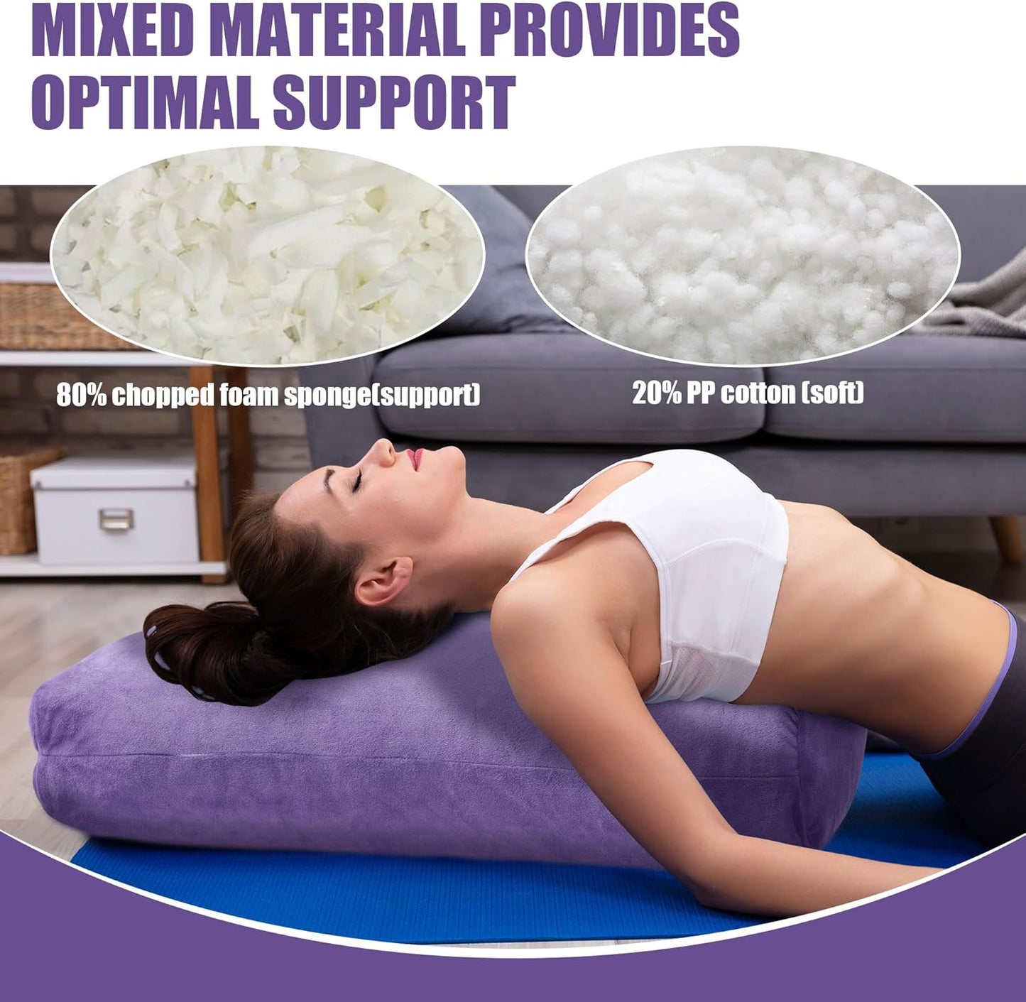 HOMBYS Shredded Foam Yoga Bolster Pillow for Restorative Yoga & Meditation, Versatile Rectangular Yoga Support Pillow Premium Meditation Cushion with Washable Velvet Cover& Carry Handle