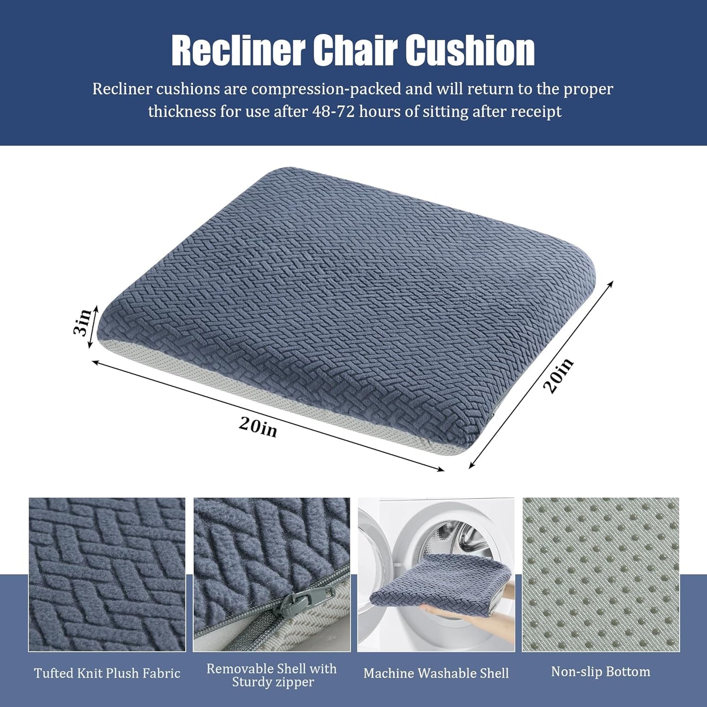 HOMBYS Tufted Furry Recliner Seat Cushion for Elderly Foam Curved Edge Large Square Seat Cushion for Recliner Chair, Floor Pillow, Office Chair, Car, No Pressure on Thighs