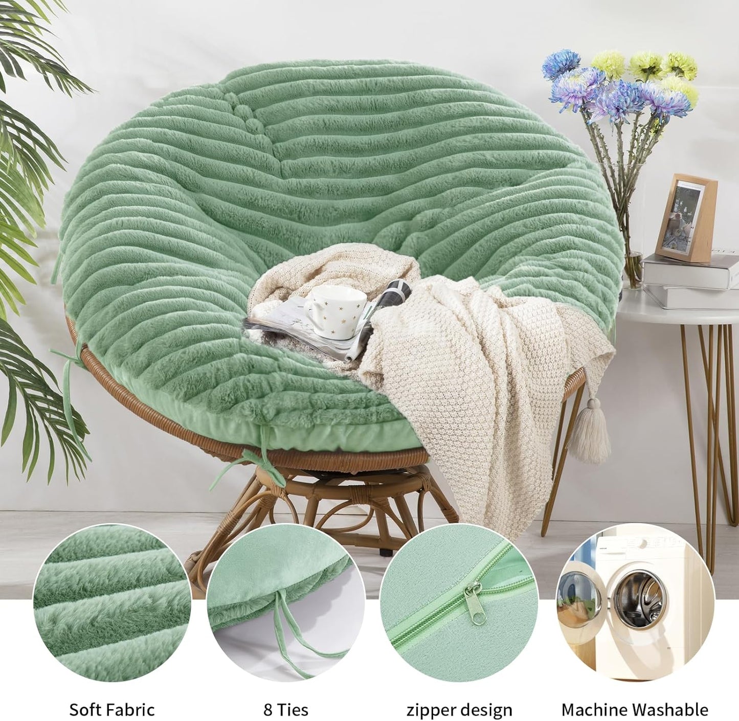 HOMBYS Fluffy Shaggy Cover for Papasan Chair Cushion, Plush Faux Fur Slipcover ONLY, (without Cushion) Removable Soft Papasan Cushion Covers with 8 Ties