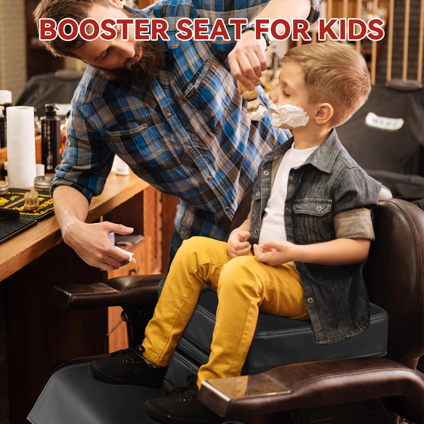 HOMBYS Adjustable Salon Booster Seat for Kids Leather Children Cushion for Barber Chair, Cushion for Styling Chair, Different Heights are Adjustable to fit Children from 3-10 Years Old, 14.5"x11"