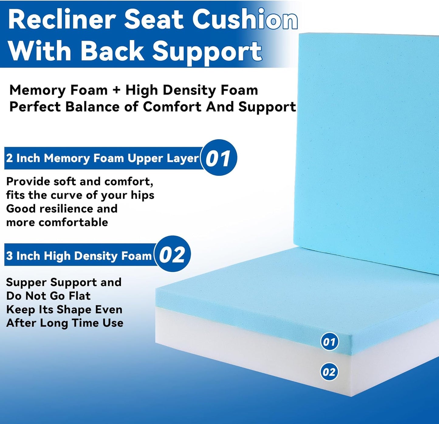 HOMBYS Memory Foam Recliner Seat Cushion for Elderly with Lumbar Support Pillow for Long Sitting, Supportive & Non-Slip Chair Pad with Back Support Cushion for Back & Neck Pain Reduce, Black