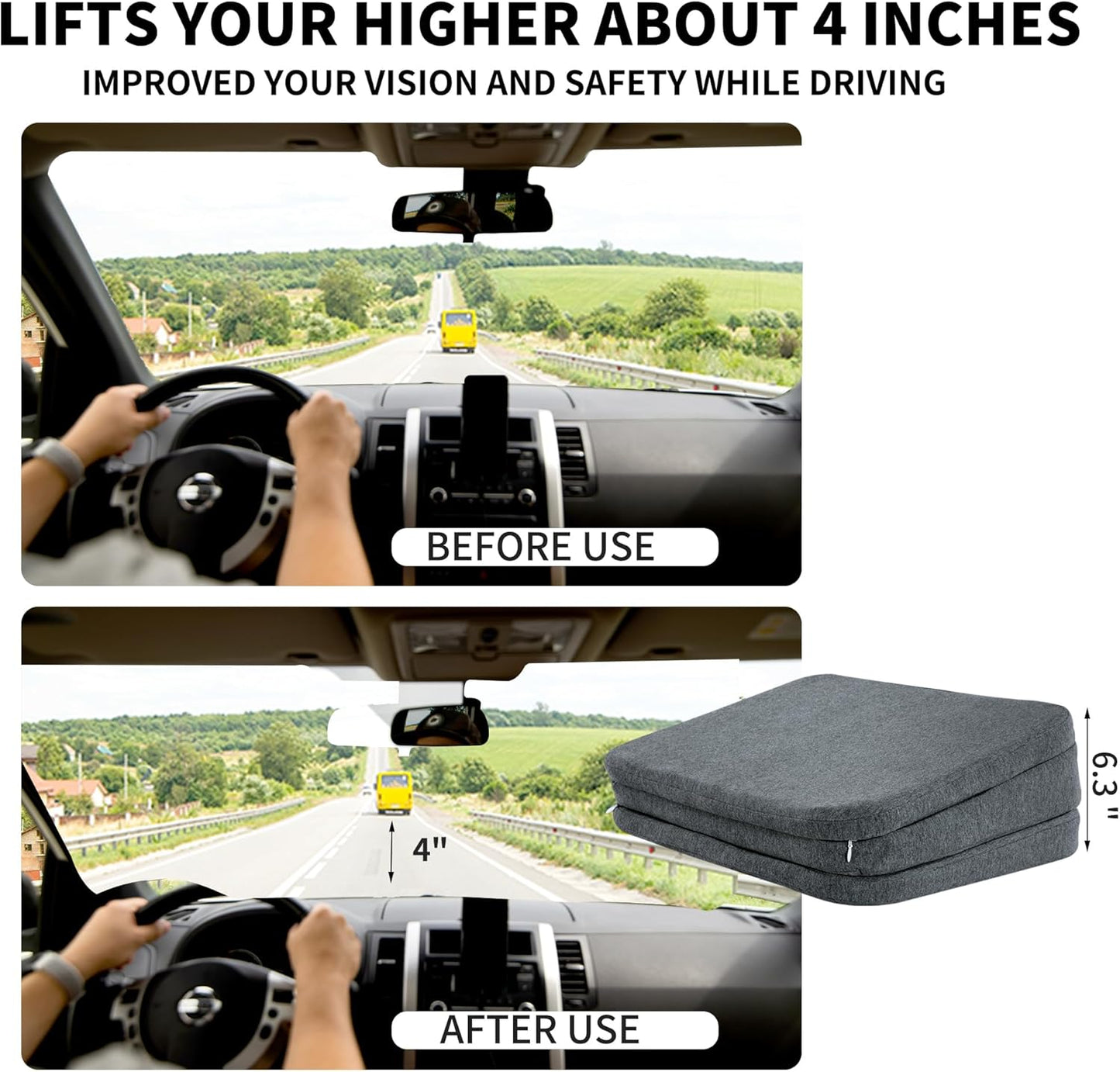 HOMBYS Adjustable Car Booster Seat for Short Drivers, 3 Heights for Different People, Adult Car Seat Cushions for Driving, Supportive Car Seat Pad for Lower Back Pain Reduce, (17"x13.8"x6.3", Grey)