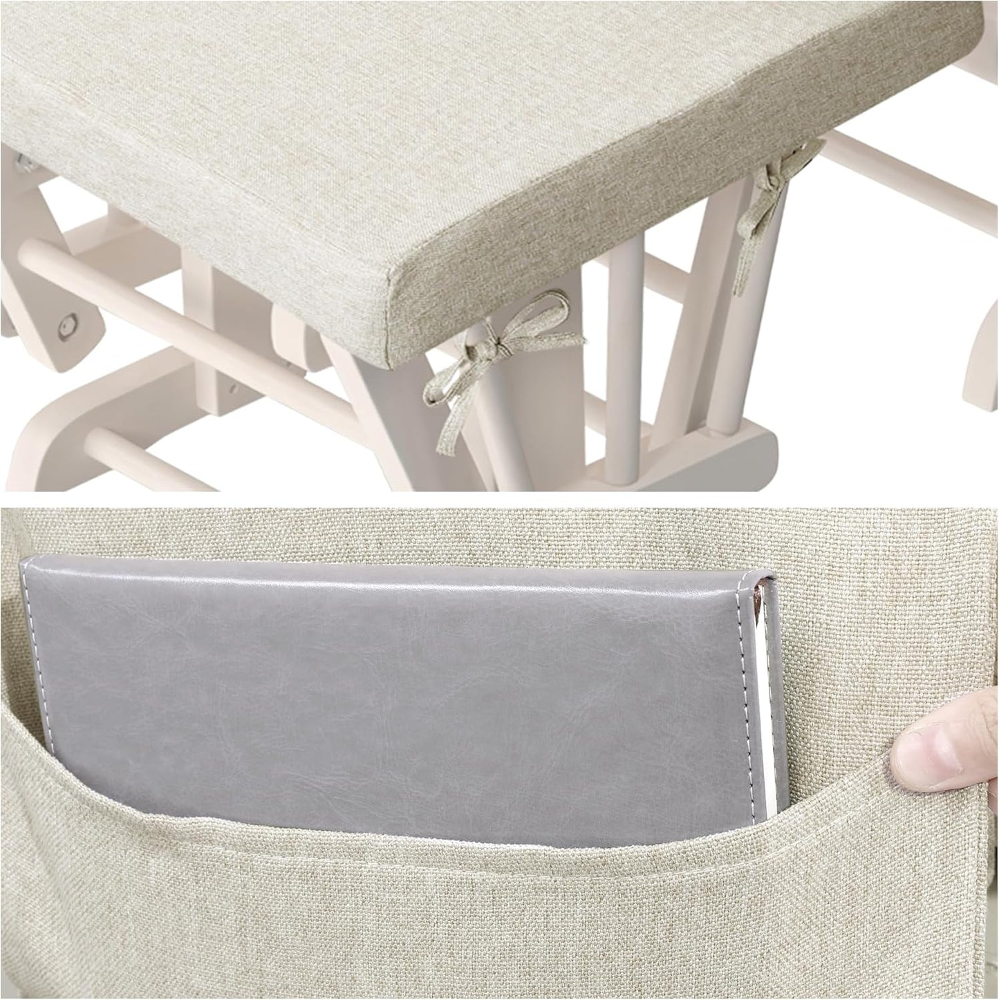 HOMBYS 5 PCS Glider Rocker Replacement Cushions with Storage Side Pocket,Linen-Like Fabric, Foam & Microfiber Filling, Non-Slip & Washable,Thickened & Supportive for Glider Rocking Chair