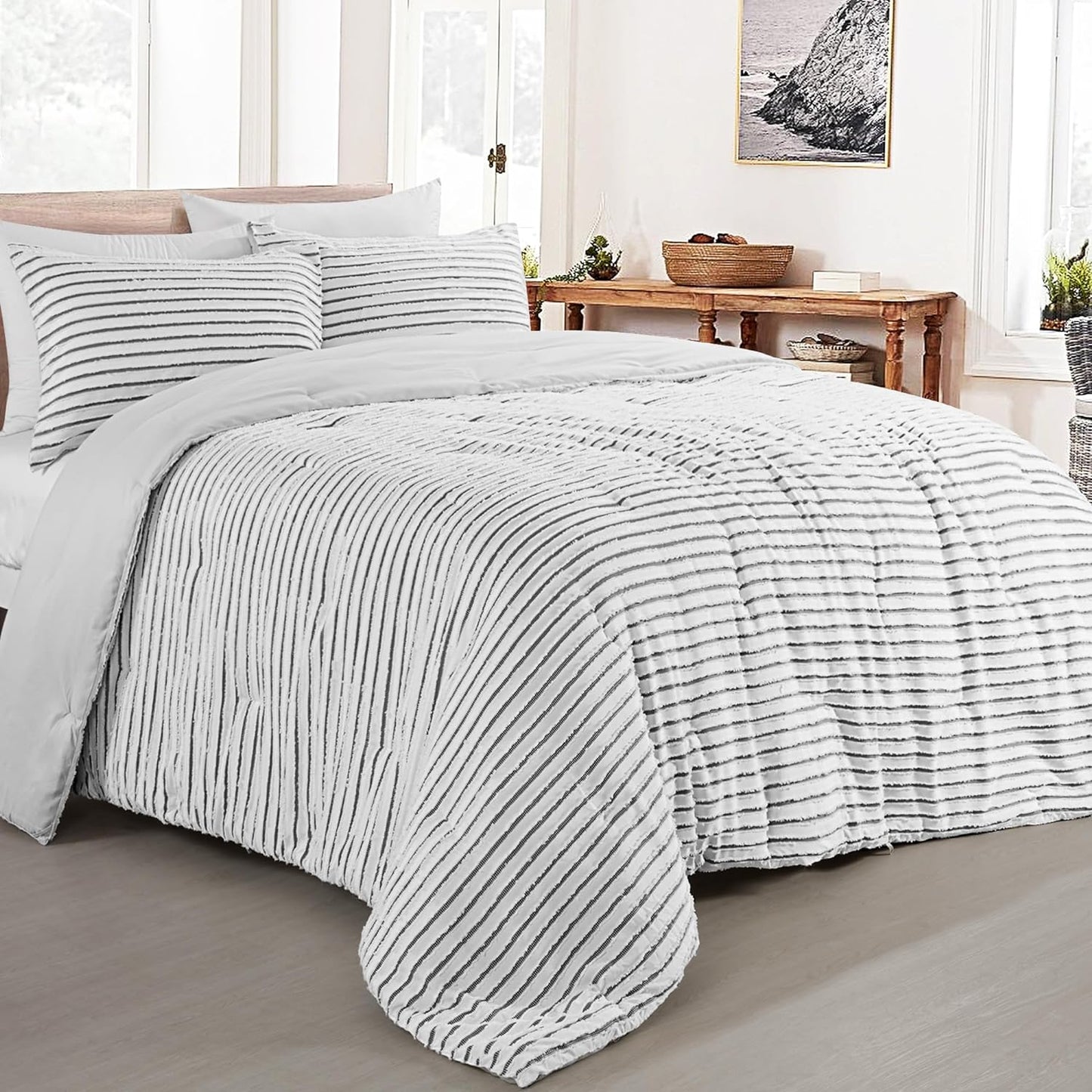HOMBYS Oversized King Boho Comforter Set, Black White Tufted Jacquard Geometry Bedding Comforter for King Bed, Shabby Chic Bed Sets with 2 Matching