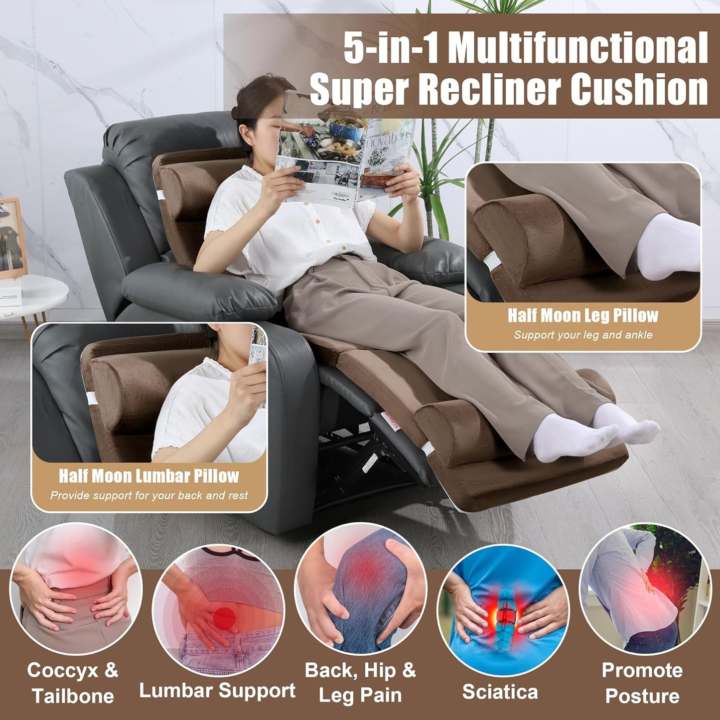 HOMBYS 5-in-1 Recliner Seat Cushion for Elderly+Lumbar Support Pillow + Leg Pad, with Adjustable Half Moon Neck Pillow & Footrest, High Density Foam Filling with Velvet Fabric, Thick & Non-Slip