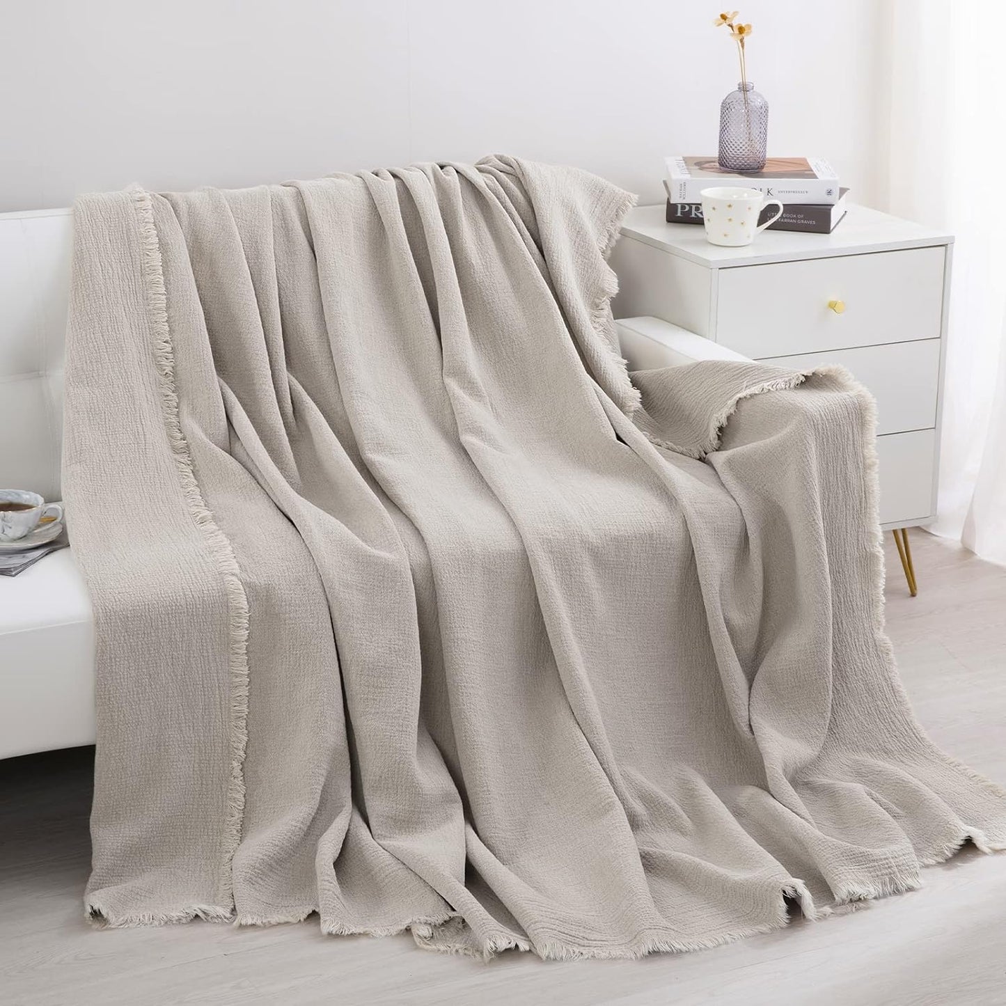 HOMBYS 92"x108" 100% Pure Linen Oversized King Blanket-Soft Linen Reversible Throw Blanket in Natural Linen Color Bed Blanket(Linen, 92"x108")