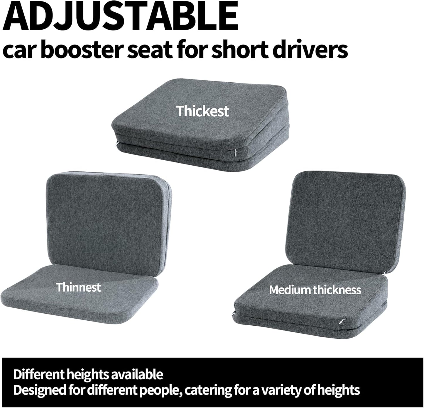 HOMBYS Adjustable Car Booster Seat for Short Drivers, 3 Heights for Different People, Adult Car Seat Cushions for Driving, Supportive Car Seat Pad for Lower Back Pain Reduce, (17"x13.8"x6.3", Grey)