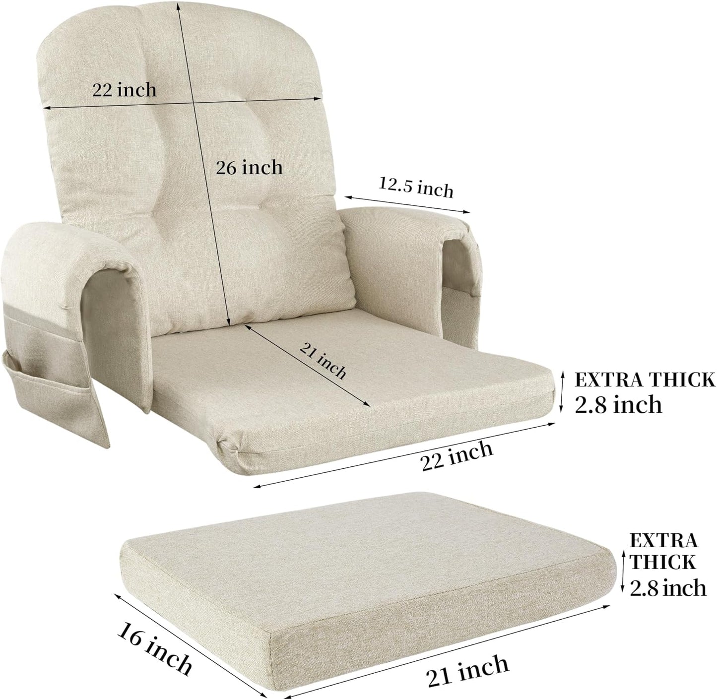 HOMBYS 5 PCS Glider Rocker Replacement Cushions with Storage Side Pocket,Linen-Like Fabric, Foam & Microfiber Filling, Non-Slip & Washable,Thickened & Supportive for Glider Rocking Chair