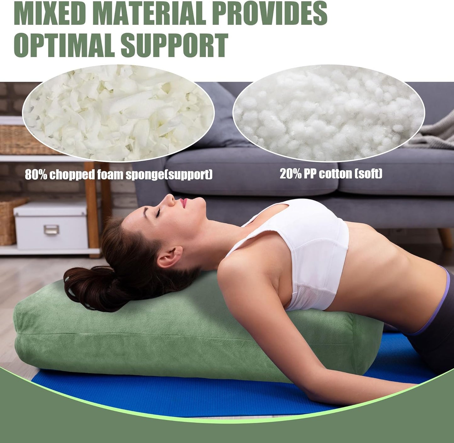 HOMBYS Shredded Foam Yoga Bolster Pillow for Restorative Yoga & Meditation, Versatile Rectangular Yoga Support Pillow Premium Meditation Cushion with Washable Velvet Cover& Carry Handle