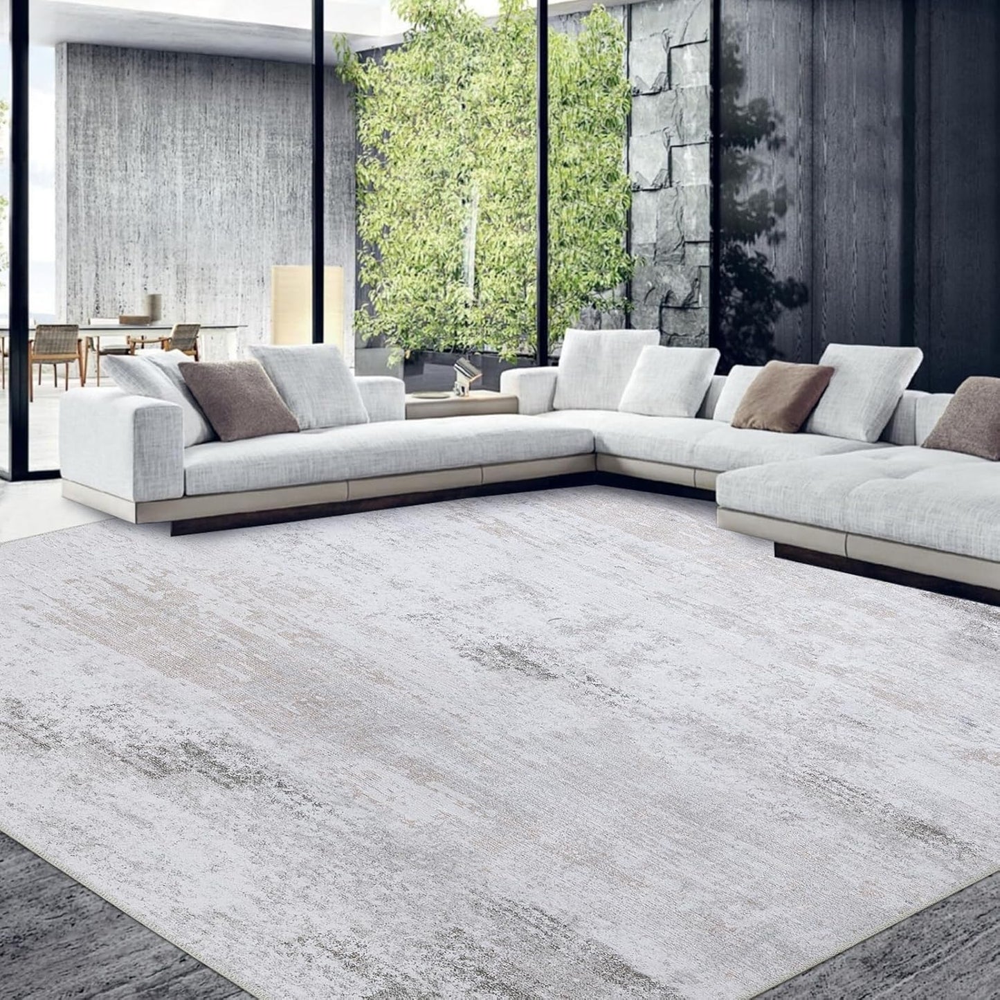 HOMBYS 9 x 12 ft Modern Area Rug for Living Room Bedroom, Large Boho Floor Carpet with Non-Slip Backing for Indoor Office Dining Room, Abstract Home Deco Non-Shedding, Camel, Machine Washable