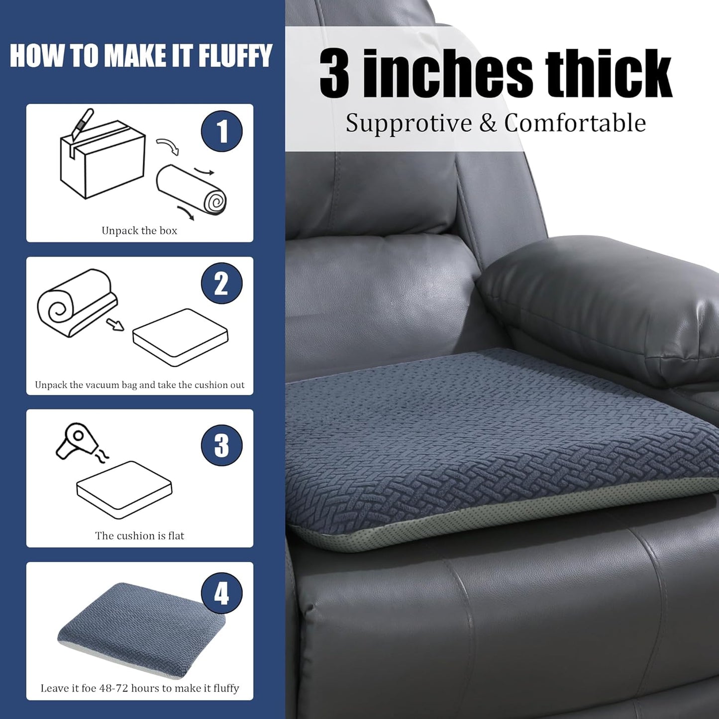 HOMBYS Tufted Furry Recliner Seat Cushion for Elderly Foam Curved Edge Large Square Seat Cushion for Recliner Chair, Floor Pillow, Office Chair, Car, No Pressure on Thighs