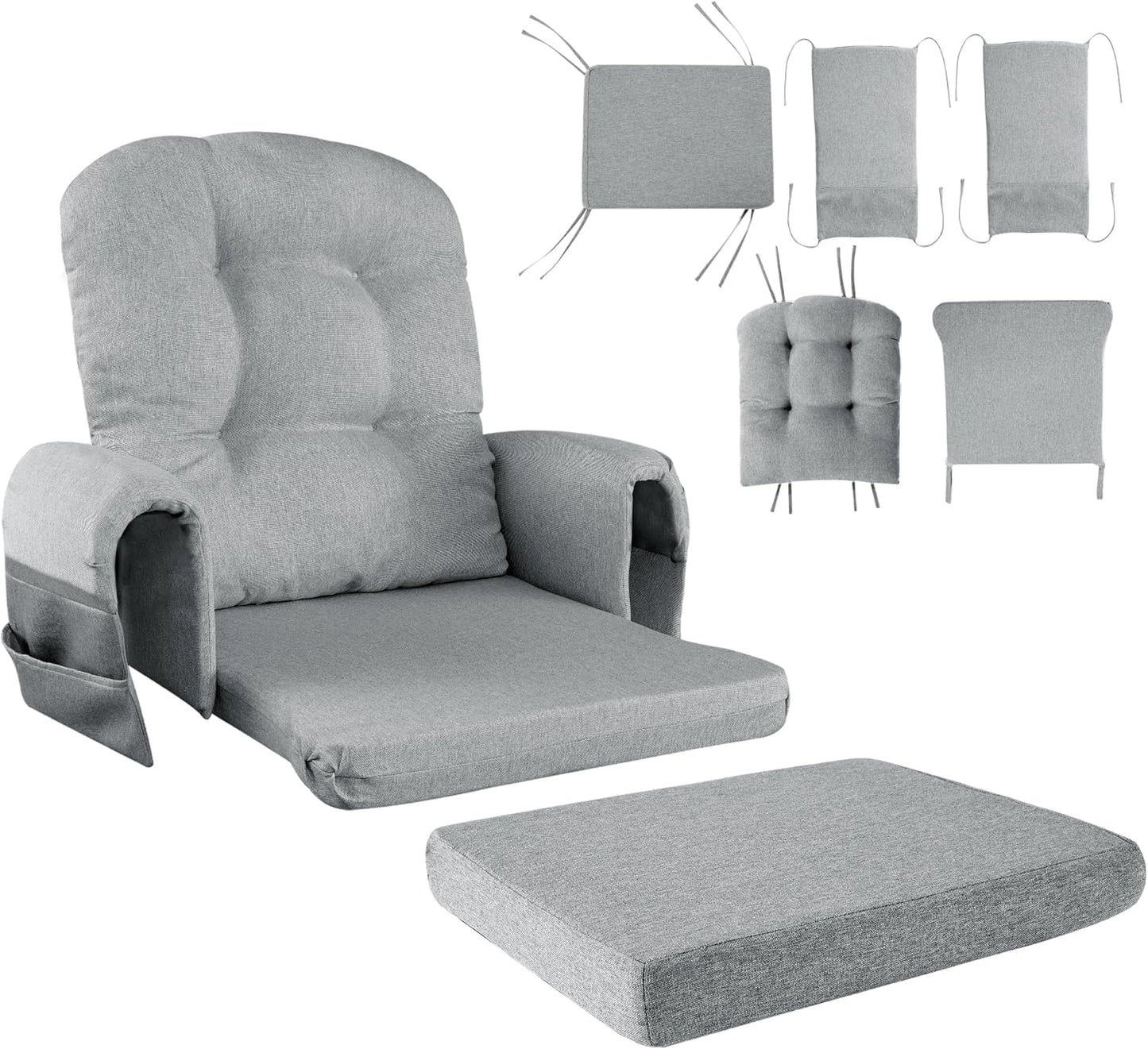 HOMBYS 5 PCS Glider Rocker Replacement Cushions with Storage Side Pocket,Linen-Like Fabric, Foam & Microfiber Filling, Non-Slip & Washable,Thickened & Supportive for Glider Rocking Chair