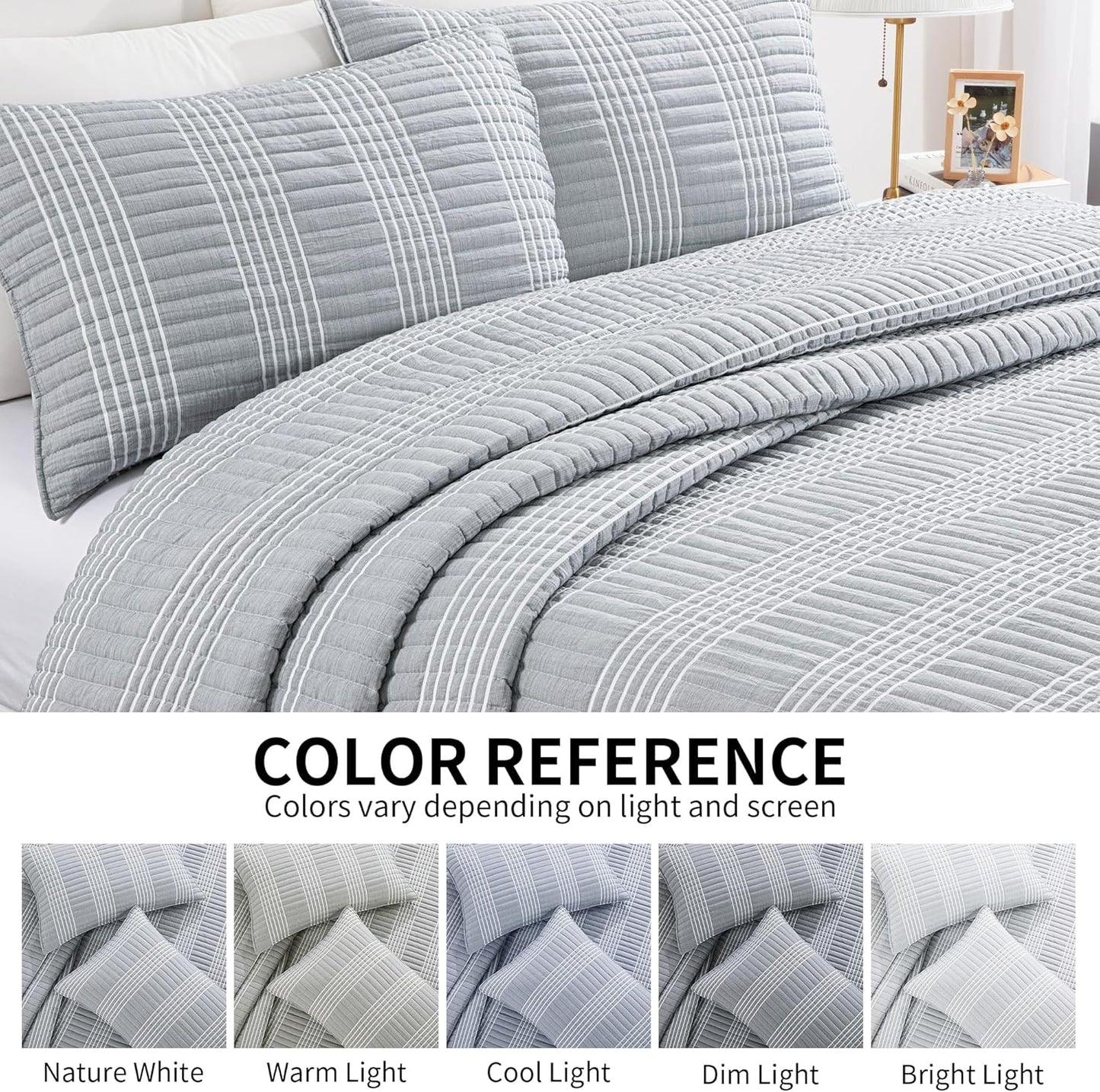 HOMBYS 132x120 Seersucker Patchwork Oversized King Quilt Set, Lightweight Plaid Bedspread Coverlet Set, All Season Bohemian Home Bedding Decor with 2 Pillow Shams