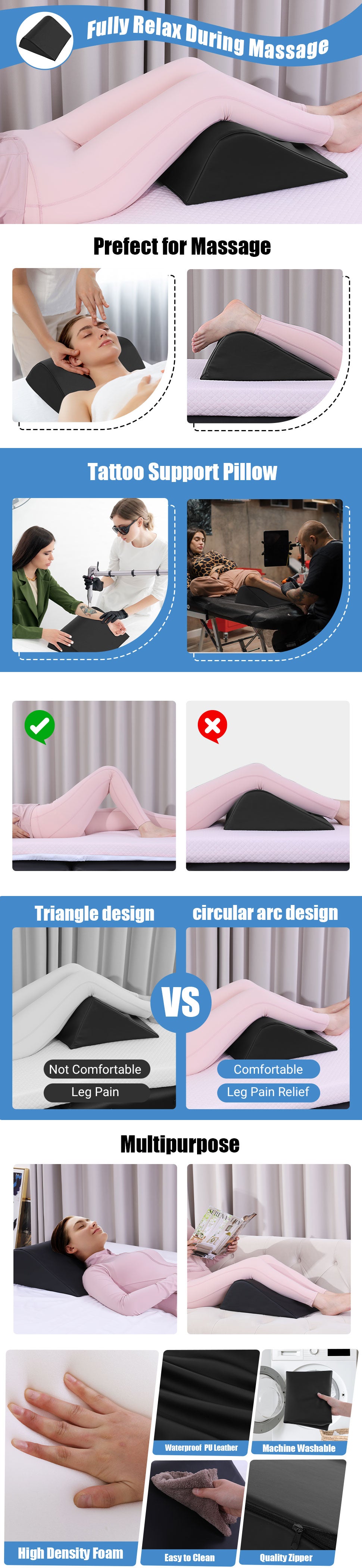 HOMBYS Wedge Bolster Pillow for Legs,Knee Wedge Pillow for Massage Table,Triangle Massage Bolsters for Under Legs,PU Leather Waterproof Foam Tatoo Pillow (Black)