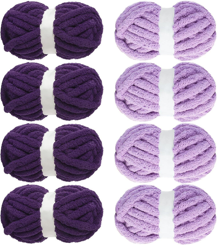Hombys 4 Purple & 4 Dark Purple Chunky Chenille Yarn — 8 Skeins, 27 yd / 8 oz Each