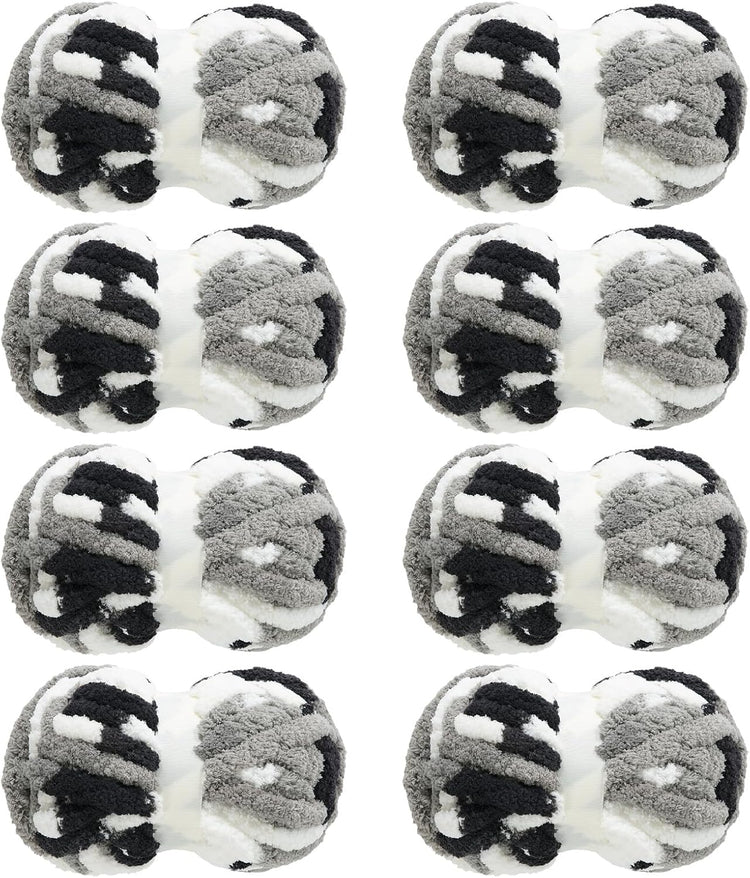Hombys Grey & White Tie-Dye Chunky Chenille Yarn — 8 Skeins, 26 yd / 8 oz Each