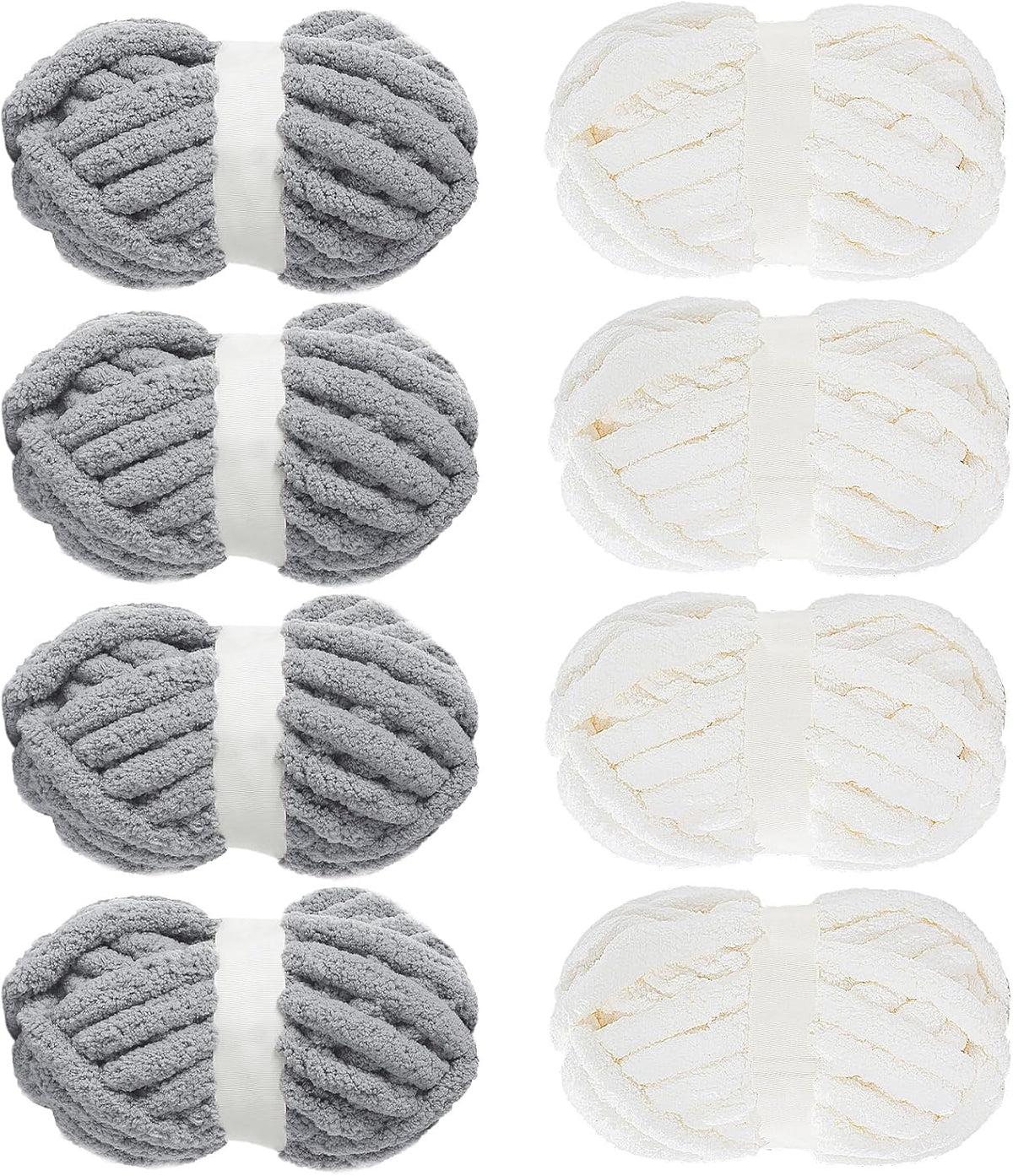 Hombys White & Light Grey chunky chenille yarn, 8 skeins