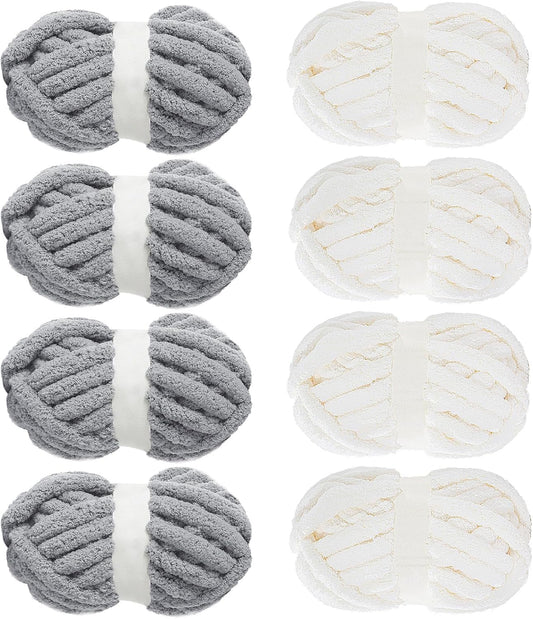 Hombys White & Light Grey chunky chenille yarn, 8 skeins