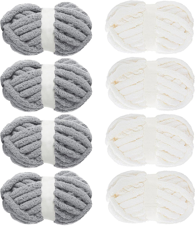 Hombys White & Light Grey Chunky Chenille Yarn — 8 Skeins, 31.7 yd / 8 oz Each