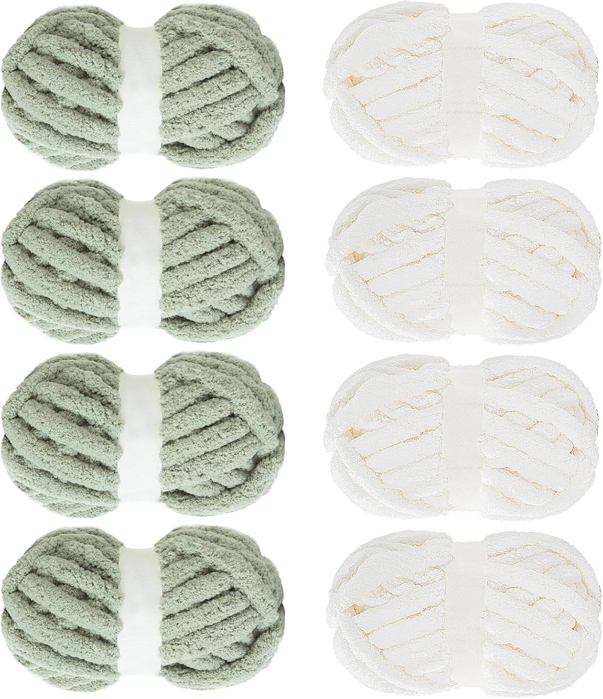 Hombys White & Sage Green chunky chenille yarn, 8 skeins