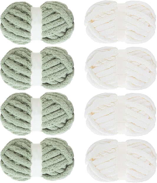 Hombys White & Sage Green chunky chenille yarn, 8 skeins