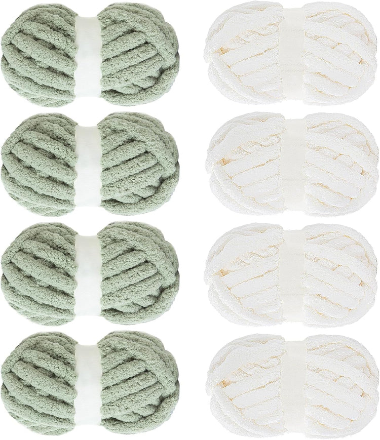 Hombys White & Sage Green Chunky Chenille Yarn — 8 Skeins, 31.7 yd / 8 oz Each