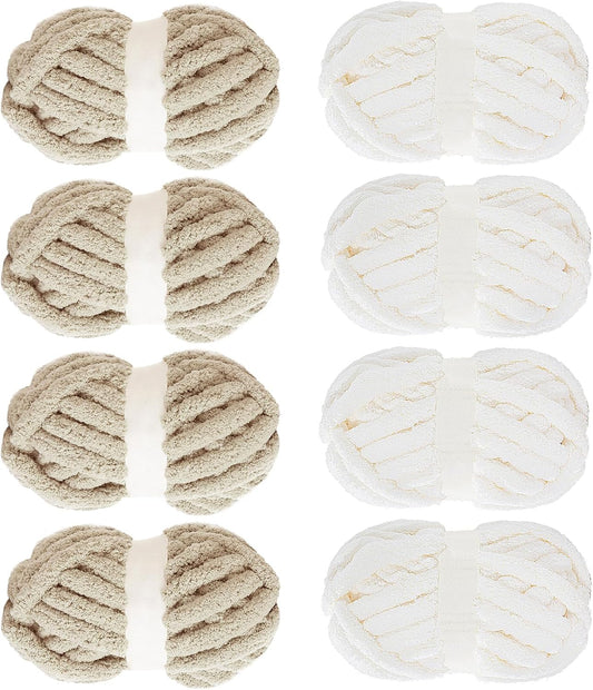 Hombys White & Khaki chunky chenille yarn, 8 skeins