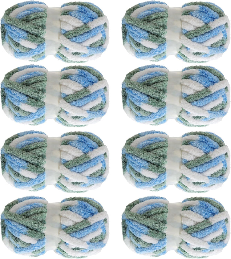 Hombys Blue, Green & White Tie-Dye Chunky Chenille Yarn — 8 Skeins, 26 yd / 8 oz Each