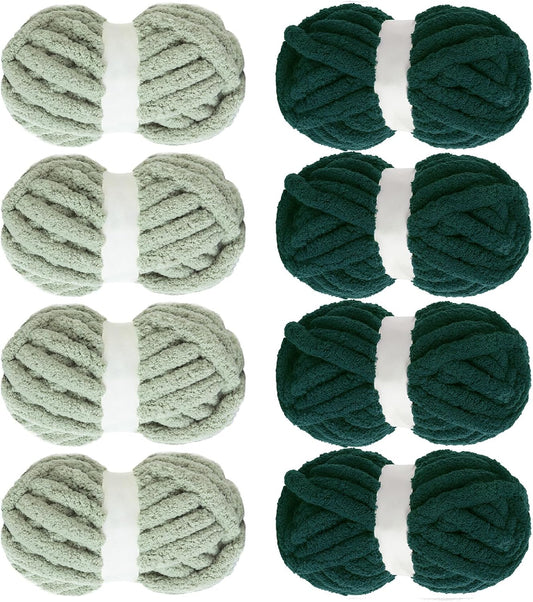 Hombys Sage Green & Dark Green chunky chenille yarn, 8 skeins
