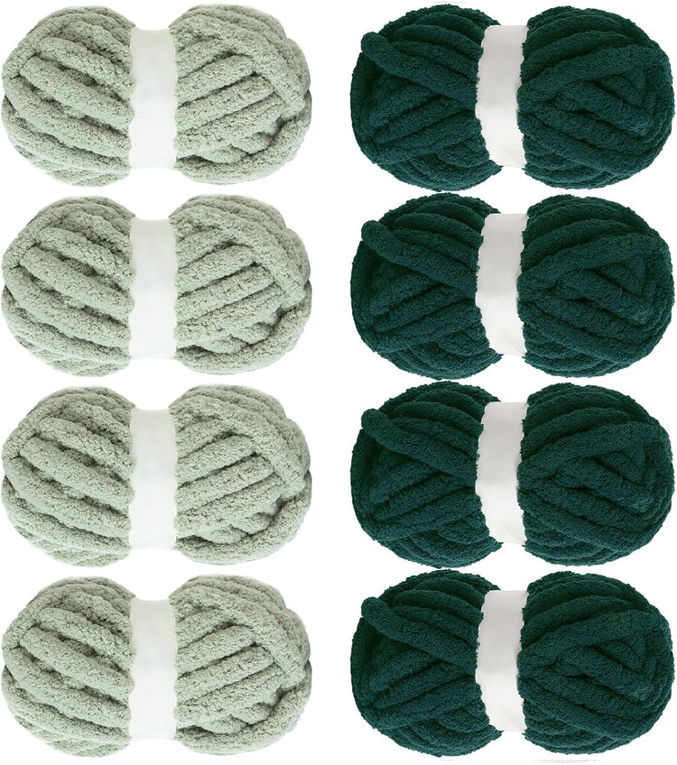 Hombys Sage Green & Dark Green Chunky Chenille Yarn — 8 Skeins, 31.7 yd / 8 oz Each