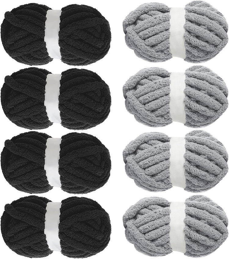 Hombys Black & Medium Grey Chunky Chenille Yarn — 8 Skeins, 31.7 yd / 8 oz Each