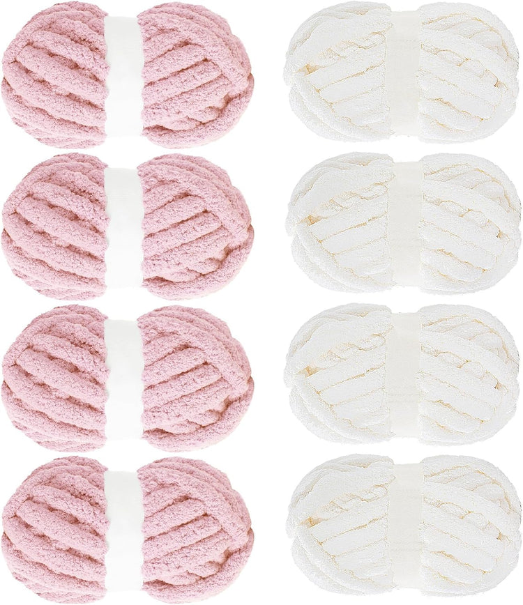 Hombys Cream & Pink Chunky Chenille Yarn — 8 Skeins, 31.7 yd / 8 oz Each